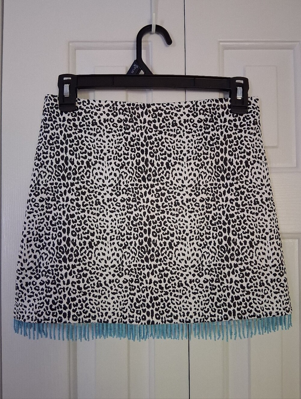 'Three Hearts' Black & White Leopard Mini Skirt with Teal Beaded Fringe
